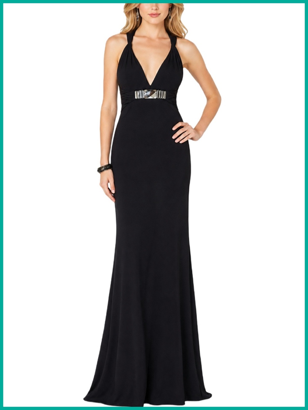 La Femme Black Sleeveless Embellished Jersey Gown | Dress
